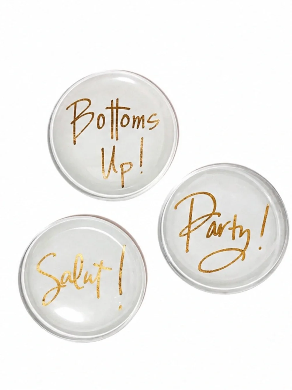 NEW - Prima Design 3-Piece Glass Gold Script Appetizer Plates / Wine Coasters